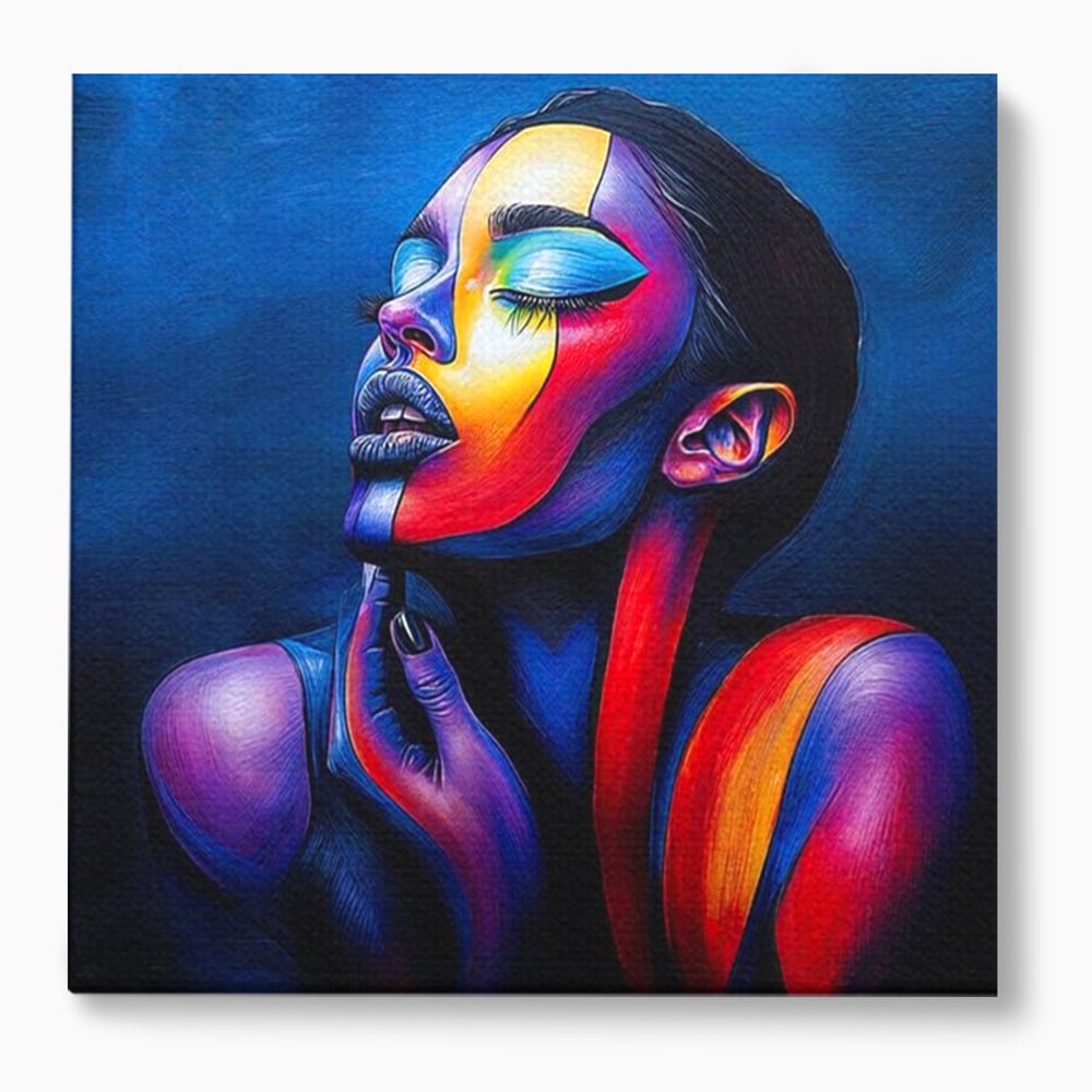 Tablou canvas cu tablou canvas cu chip de femeie colorat, fara rama, pe sasiu de lemn
